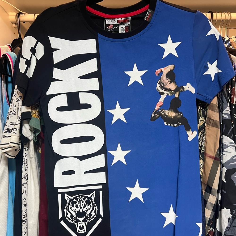 Plein Sport “Rocky” Black and Blue Boxing Graphic Tee - XS